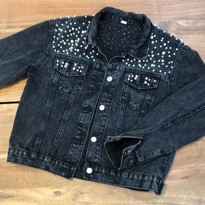 Black Jean Jacket with Pearl Accents